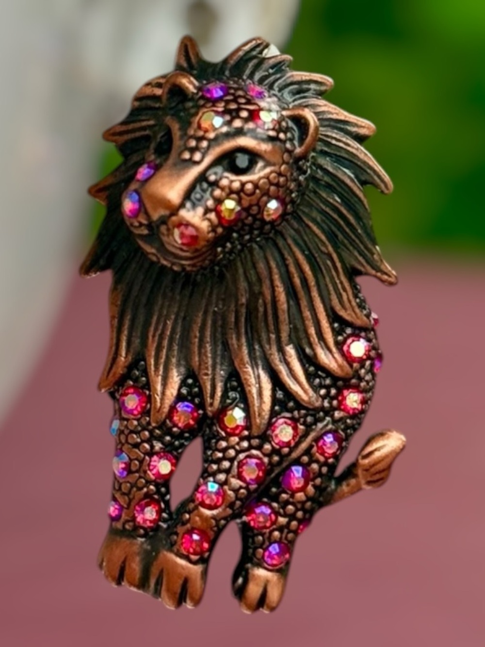 Vintage Style Lion Clip Earrings Copper Tone Rhinestone Leo Statement Unsigned